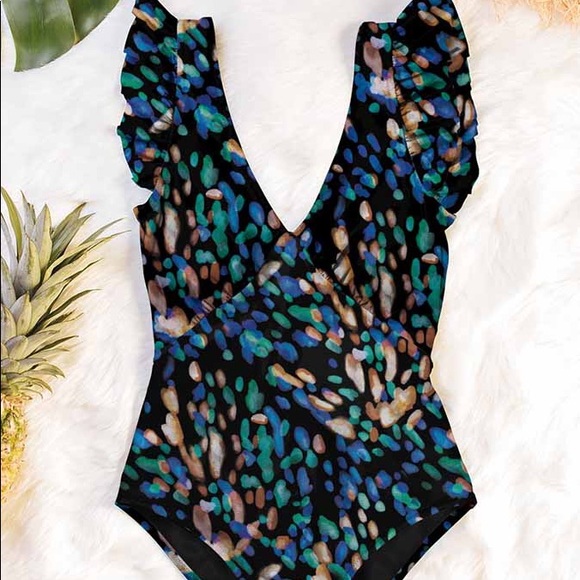 NWT DEEP V OPEN BACK PRINTED RUFFLE ONE-PIECE SWIMSUIT - Picture 3 of 6